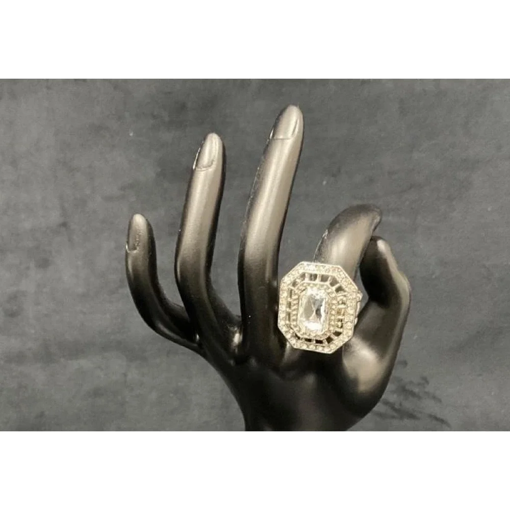 VTG Art Deco Silver Tone Clear Emerald Cut Statement Dress Cocktail Ring Size 6